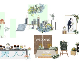 婚礼人物 花架 装饰板 植物组合 婚礼花艺香槟色系韩式花艺地花插花