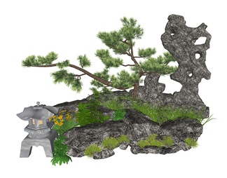 造型松树  假山石头景观小品  园林绿植植物组合
