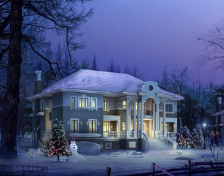 圣诞节别墅雪景效果图