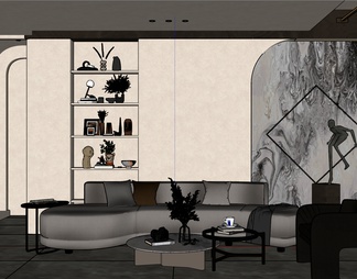 奶油风 岩板造型弧形灯带客厅沙发墙