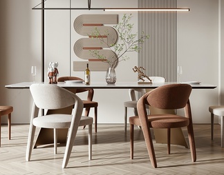 餐厅 餐桌 桌椅组合 吊灯装饰品 挂画 绿植 壁炉