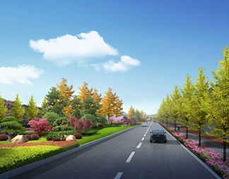 城市道路绿化景观效果图PSD免抠