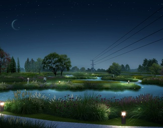湿地公园高压线景观夜景透视图