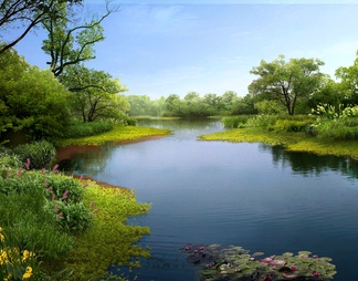 湿地公园沿河景观效果图