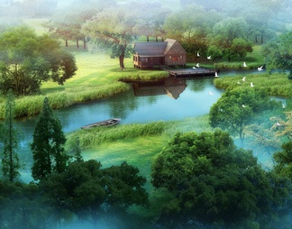 乡村木屋沿河景观鸟瞰图