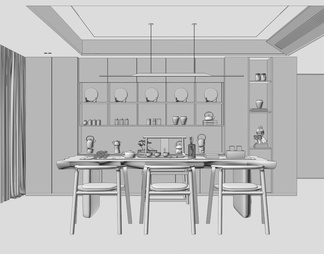 茶室 茶桌椅组合，茶具，装饰柜