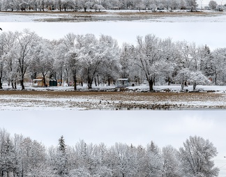 公园全景，湖面和白雪覆盖的树木。46k