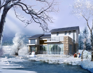 别墅雪景冬季景观效果图