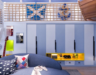 蓝色男孩房 小孩房 儿童房 船床 全景卧室
