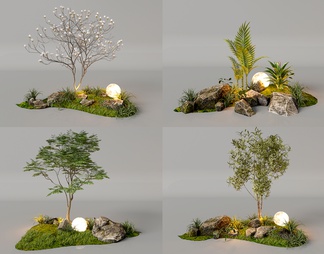 夜景组团小景  植物堆 球形景观灯 草花植物 景观石组合