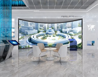 科技展厅 互动触摸一体机 通电玻璃柱 弧形拼接大屏 休闲桌椅 产品展示台