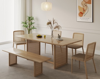 实木餐桌椅组合 实木餐桌椅 藤编餐椅