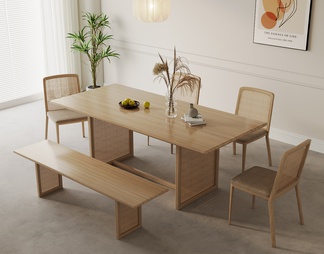 实木餐桌椅组合 实木餐桌椅 藤编餐椅