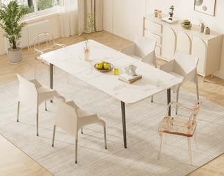 餐桌椅组合 实木靠背椅 书籍摆件 盆栽 装饰画 地毯