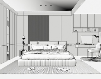 家居卧室 布艺双人床 主人房 床头柜 床具组合 装饰画 书桌椅