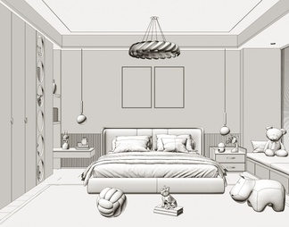 卧室 布艺双人床 床头柜 装饰画 书籍摆件 窗帘
