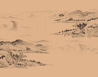 中式山水壁画，壁纸