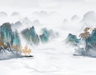 新中式山水壁画贴图ID_1121096713