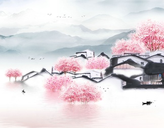 中式山水壁画，壁纸 桃花