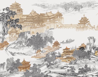 新中式山体楼阁壁画贴图
