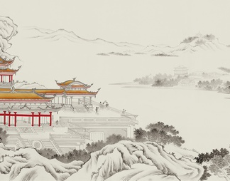 中式山水壁画，壁纸