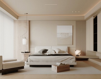家居卧室 双人床组合 休闲椅 床头吊灯 挂画
