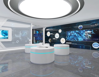 科技展厅 互动触摸一体机 展示台 城市剪影 LED拼接屏 智能设备