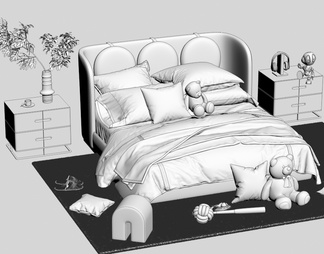 双人床 床头柜 玩具熊 枕头 棉被
