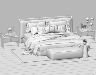 双人床 床头柜 枕头 台灯 地毯