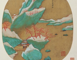 中式写意国画山水扇面挂画 