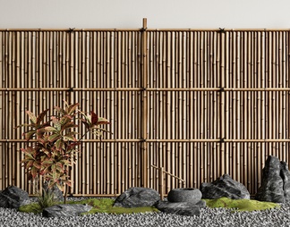 竹篱笆隔断 竹子栅栏 围栏 石头 水景