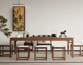 茶桌椅组合 茶台 茶具 装饰挂画 松树