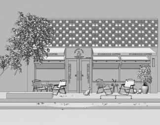 咖啡厅门头门面 户外桌椅 折叠窗 店铺招牌 遮阳棚 盆栽