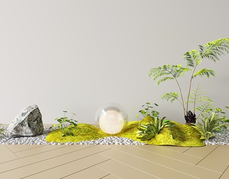 室内景观造景 植物堆假山石头景观小品 绿植 月球灯