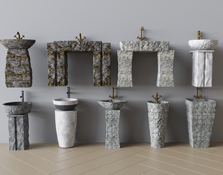 岩石立柱式洗手台 石头柱式洗手台 石槽立柱盆洗手盆 水龙头 镜子