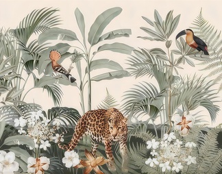 热带雨林动植物印花壁纸