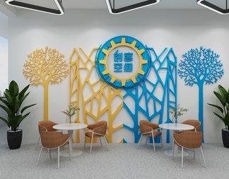 校园创客空间文化装置 墙面文化 创意书桌 高脚凳 创意吊灯