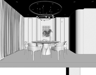 餐厅，餐桌，酒柜，吊灯，窗帘