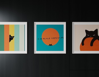 彩色 卡通 儿童 猫 组合 装饰画