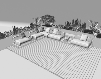 户外座椅小景   屋顶花园座椅  球形灌木 带花灌木植物组合