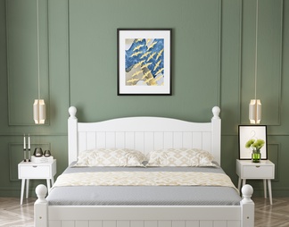 卧室白色实木双人床 床头柜组合