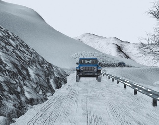 雪地山路 冬季山林 越野车