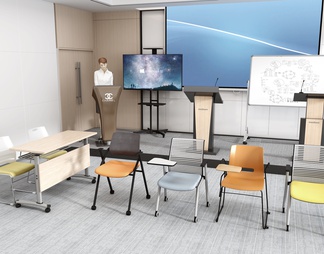 培训室 培训桌椅 演讲台 移动白板电视