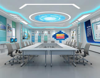 科技创新工作室 会议桌椅组合 荣誉墙 展示台 互动触摸屏