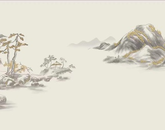 新中式山脉松树彩绘壁纸笔画背景