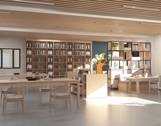 图书馆 书柜 报刊架 木质桌椅组合 图书中岛柜