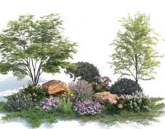 花草 草地 灌木 花池 花卉 绿植 景观树 植物堆 石头 树池