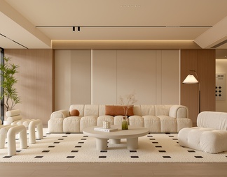 客厅 沙发茶几组合 单人沙发 多人沙发 挂画 落地灯 地毯