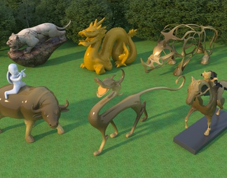 几何动物雕塑小品组合