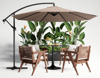 户外桌椅 休闲桌椅 植物 盆栽 遮阳伞